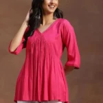 Pink Solid Rayon A-line Kurti