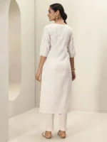 Off White Embroidered Cotton Straight Kurta - Image 4