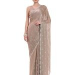 Women's Beige Organza Crushed Siroski Work Embellished Border Saree With Unstitched Blouse