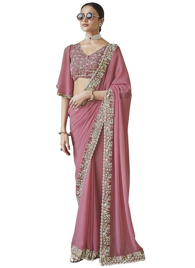 812VJNC8VwL._SY879_.jpg Women's Georgette Embroidery work Saree with Blouse Piece - Image 1