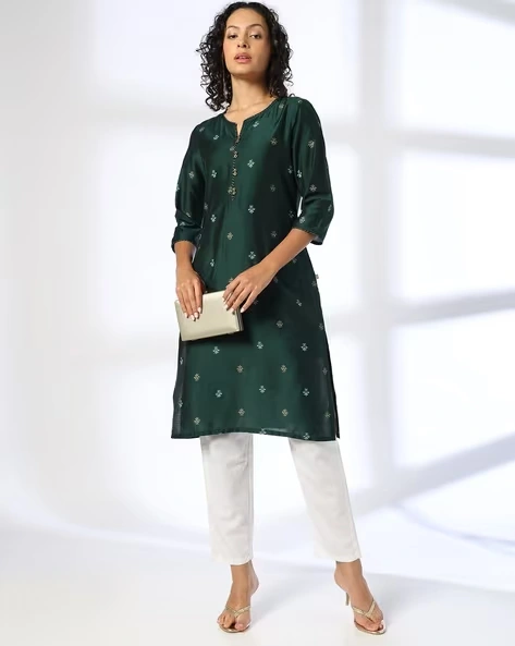 473Wx593H-443074986-green-MODEL.webp Women Embroidered Straight Kurta - Image 1