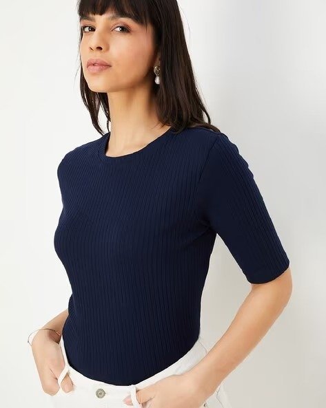 473Wx593H-700067735-navy-MODEL.jpg Women Ribbed Round-Neck Top - Image 1